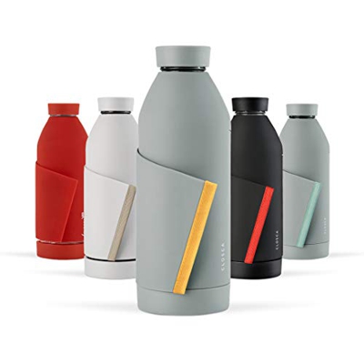 Closca Botella de Agua de Cristal 420ml Bottle. Cantimplora de Vidrio Libre de BPA. Doble Apertura y Solapa Elástica para fácil Transporte. (Gray/Sava