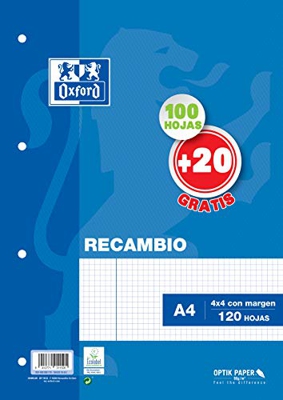 Hojas cuadriculadas A4 Recambio Oxford. 100+20 hojas. Cuadrícula 4x4.