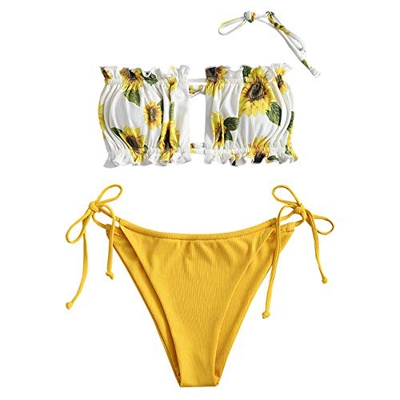 ZAFUL - Conjunto de bikini para mujer, sin hombros, con cordón y volantes, corte alto, monocromo Girasol L
