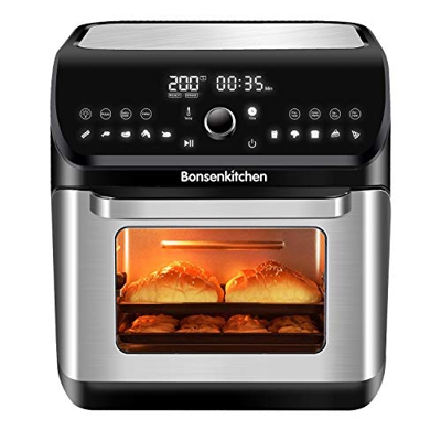 Bonsenkitchen Freidora sin Aceite 10L, 1500W Horno de Aire con 10 programas, Pantalla LED Táctil, Temperatura y Tiempo ajustable, Freidora de Aire Cal