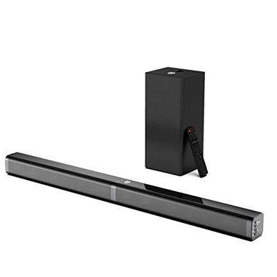 Barra de Sonido 2.1 para TV, BOMAKER 4K&HD 100W con Subwoofer, Potencia 110 dB, Bluetooth 5.0, 5 Modos de Sonido, Óptico, 3,5 mm AUX, USB, para Cine e