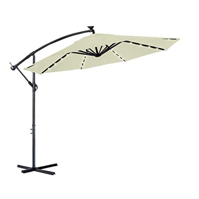 Parasol de aluminio de 300 cm de diámetro y 350 cm de diámetro con iluminación LED solar, sombrilla con manivela, altura regulable, protección UV 40+,