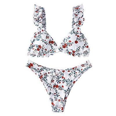ZAFUL - Bikini de dos piezas para mujer, diseño de flores y volantes Blanco S