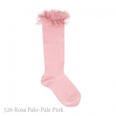 Calcetín Alto Punto Liso Con Tira Tul Fruncido. 526-rosa Palo 0