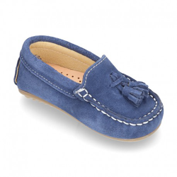 Mocasín Borlas Pequeños Piso Conductor En Serraje. 24 Azul Medio en oferta