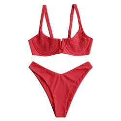 ZAFUL Bikini para mujer con aros acanalados en V, muesca ahumada, bikini de corte alto push-up. rojo M precio