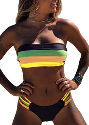 JFAN Mujer Conjunto de Bikini Dividido Colorido Rayas Sin Tirantes Cosido Sujetador Acolchado Sin Respaldo Push-up Bikinis Bottoms Ropa de Playa Traje