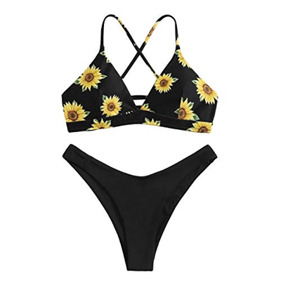 Conjunto Bikini para Mujer Push up con Relleno Bikini Acolchado con Tirantes Bikini Brasileño Estampado Floral Braguita Lisa (Negro Girasol, M)