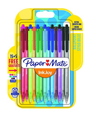 Paper Mate InkJoy 100RT, bolígrafo retráctil, punta media de 1 mm, Pack de 20, colores surtidos
