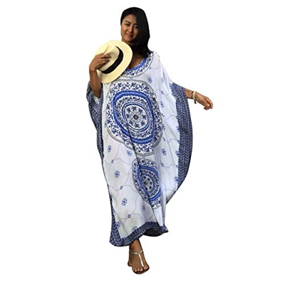 Lazzon Vestido Largo de Playa Mujer Verano Traje de Baño Bohemio Maxi Caftán Túnica Talla Grande Pareos (Azul B)