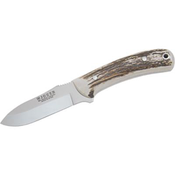 Cuchillo de monte enterizo Joker, hoja Inox MOVA de 9 cm, con cachas en asta de ciervo, 166 gramos, lomo dentado, CC87 + tarjeta multiusos de regalo en oferta