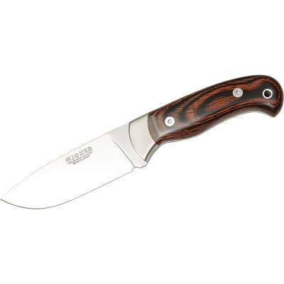 Cuchillo de monte Joker, con virola inox, cachas de madera roja prensada y hoja de 10,5 cm , 219 gr, funda de cuero, CR08 + tarjeta multiusos de regalo