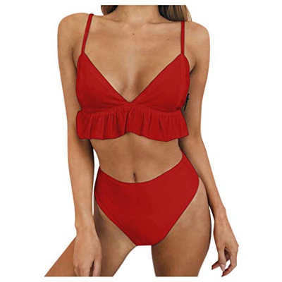 Fulltime (TM) Juego de bikini para mujer, traje de baño de dos piezas con volantes y cintura alta inferior de bikini Set de traje de baño de playa Roj