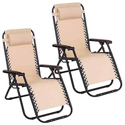 LOLAhome Pack de 2 sillas Gravedad Cero reclinables con Bloqueo de Seguridad Beige de Tejido Oxford y Acero de 95x65x106 cm