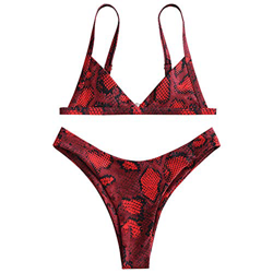 Bikini Zaful con estampado de piel de serpiente. Tiras en los laterales, gran escote en V y talle alto Rojo rosso M en oferta