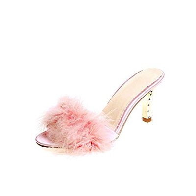 Sandalias de verano 2020 para mujer, zapatos de tacón fino, para mujer, con plumas, para mujer, color Rosa, talla 38 EU