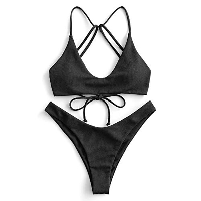ZAFUL - Conjunto de bikini para mujer con correas de encaje y escote en U Negro S