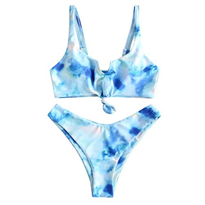 ZAFUL Tie Dye - Bikini de corte alto anudado para mujer, con tirantes acolchados, dos piezas azul M