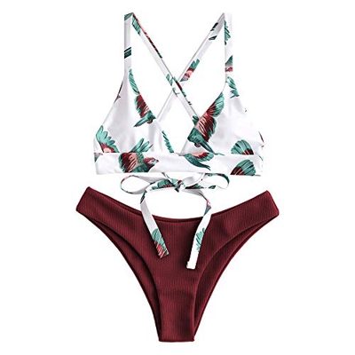 ZAFUL Conjunto de Bikini con Relleno Push Up Triangular Busto Ajustable con Tirantes Cruzados Traseros Estampado Talle Bajo (Pájaro-Rojo, M)
