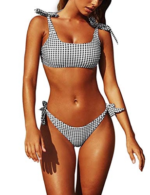 Yuson Girl Conjuntos De Bikini De Talle Alto a Tartán Sexy Retro Brasileños Mujer Traje De Baño Dos Piezas con Crop Top Push Up Bra Bikini Anudado Tir