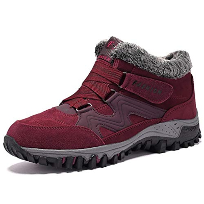 JIANKE Botas de Senderismo Nieve Hombre Mujer Zapatillas de Trekking Antideslizante Invierno Forro Piel Zapatos Rojo 36 EU(Tamaño de la Etiqueta 36)