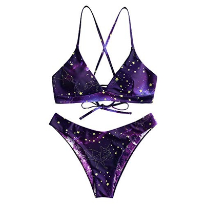 ZAFUL - Conjunto de bikini reversible con cordones para mujer con estampado de galaxia