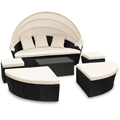 Deuba Conjunto de sillones cama isla para tomar sol ovalada poliratán 226cm negro techo plegable tumbona jardín lounge