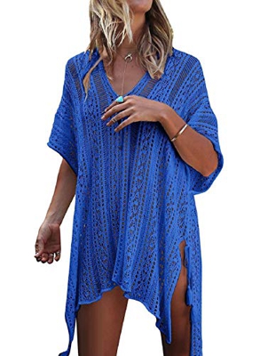 Voqeen Trajes de Baño Cubrir Mujer Vestido Mujer Sexy Verano Crochet Ahuecar Bikini Cover Up Vestido de Playa (Azul)