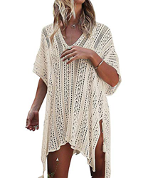 Zarjar - Mini vestido de playa con gancho, bikini para mujer, cuello en V, braguitas de baño para mujer, encaje, blusa beige Talla única características