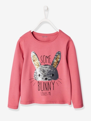 Camiseta de lentejuelas reversibles para niña - rosa medio liso con motivos