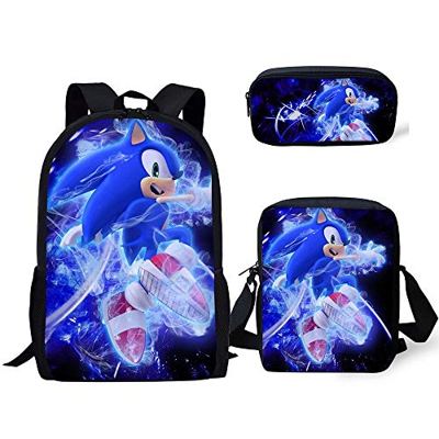 Vercico Sonic Mochila Infantil, Estuche para Lápices, Bandolera Set de 3, Estuche Sonic Escolar para Niño Niña Laptop Mochilas Libro Bolsas Adulto Bol