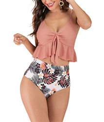 HenzWorld Conjunto de tankini para mujer, 2 piezas, traje de baño vintage, con volantes, parte inferior de cintura alta, trajes de baño, bikinis características