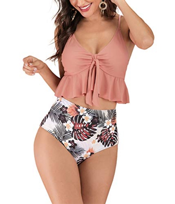 HenzWorld Conjunto de tankini para mujer, 2 piezas, traje de baño vintage, con volantes, parte inferior de cintura alta, trajes de baño, bikinis