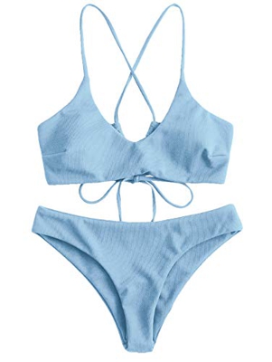 ZAFUL Criss Cross Lace Up - Bikini acolchado para mujer azul S