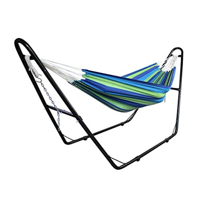 Todeco Cama Colgante, Hamaca, Verde/Azul, Brasileño, con Soporte Tipo-H, Algodón, Capacidad: para 2 Personas, Alto: Ajustable