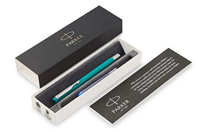 PARKER Vector pluma estilográfica, color esmeralda con adorno cromado, plumín mediano, tinta azul, en estuche de regalo