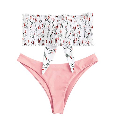 Zaful - Conjunto de bikini tipo banda sin tirantes ni forro, plisado y elástico, con diseño floral y anudado Rosa. M