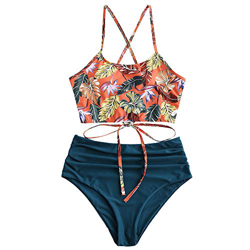 ZAFUL Leaf Print Cruz y transversal - Tankini acolchado, con cintura alta azul pavo real XL en oferta
