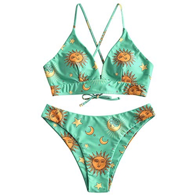ZAFUL Conjunto de Bikini Acolchado con Tirantes de Espagueti Traje de Baño con Estampado de Estrella Sol y Luna para Mujer Multi-B L