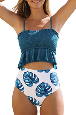 CUPSHE Conjunto de Bikini Bandeau Fruncido Cintura Alta Traje de Baño de Dos Pieza, Azul, M