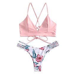 ZAFUL - Bikini floral Leaf Lace Up trenzado, bikini de dos piezas Rosa. M características