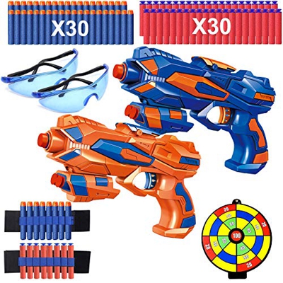 2 Pcs Pistola de Juguete para Niños, Pistola Bláster con 60 Flechas/Balas + 2 Gafas Protectoras, Pistola de Dardos Espuma Infantil, Juegos de Ninos Di