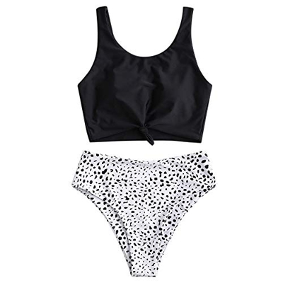 ZAFUL Traje de baño de dos piezas para mujer, traje de baño acolchado con estampado floral y cordones, tankini de cintura alta Negro M