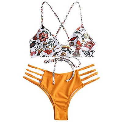 ZAFUL Mujer Bikini Conjunto,Cinturón de Bikini Trenzado de Dos Piezas Sujetador Ajustable hacia Atrás, Traje de Baño de Triángulo con Estampado Floral