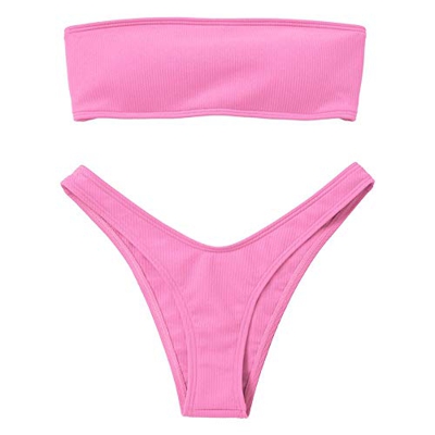 Voqeen Mujeres Sexy Bandeau Traje de baño Cuello Alto sin Tirantes Acanalado Cojín extraíble Conjunto de Bikini de Cintura Baja