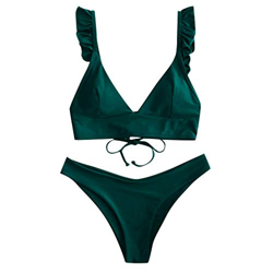 KEERADS - Conjunto de bikini para mujer con ribete de encaje, traje de baño de dos piezas verde oscuro M características
