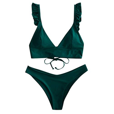 KEERADS - Conjunto de bikini para mujer con ribete de encaje, traje de baño de dos piezas verde oscuro M