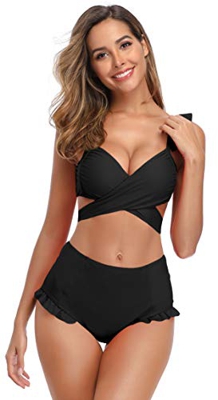 SHEKINI Mujer Bikini de Dos Piezas Correas Cruzadas Encaje Traje de Baño Cintura Alta Bañador (L, Negro)