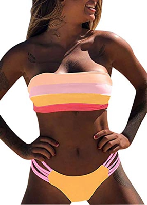 JFAN Mujer Conjunto de Bikini Dividido Colorido Rayas Sin Tirantes Cosido Sujetador Acolchado Sin Respaldo Push-up Bikinis Bottoms Ropa de Playa Traje
