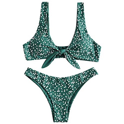 ZAFUL - Conjunto de bikini para mujer, diseño de flores, cintura baja, nudo delantero, dos piezas verde M